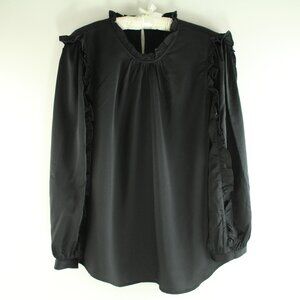 J. Crew Ruffle Sleeve Black Satin Crepe Loose Fitting Career Blouse Top L NWT